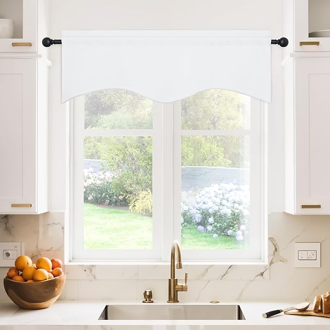 NICETOWN Window Valance Blackout Curtains - W42 x L18 inches Long Scalloped Pole Pocket Valances for Bathroom/Dorm/Cafe Shop/Kitchen/Showcase/Home Decor, Double Panels, Pure White