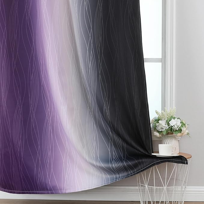 Estelar Textiler Black and Purple Ombre Blackout Curtains 45 Inch Length 2 Panels, Full Room Darkening Gradient Drapes for Kitchen, Thermal Insulated Grommet Short Curtains for Bathroom,52Wx45L