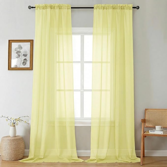 Gwine Extra Long Sheer Curtains 120 Inches Long - Light Filtering Rod Pocket Window Curtain Panels for Bedroom, Elegant Soft Voile Living Room Sheer Drapes, Each 42Wx120L, 10FT, 2 Panels, Lemon