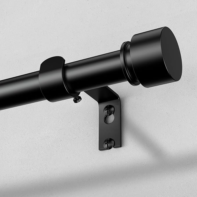 Curtain Rods for Windows 30 to 56 Inch, Black Modern 1 Inch Window Treatment Rods with Black End Cap Finials, Decorative Adjustable Heavy Duty Easy Install Drapery Rods for Bedroom Living Room
