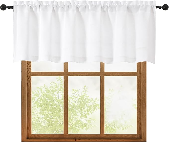 OWENIE White Valances for Windows 1 Pcs 18 Inch Length, Light Filtering Textured Short Small Valance Curtains for Bathroom Basement Living Room Bedroom, Half Window Curtains Over Sink, 60" W by 18" L