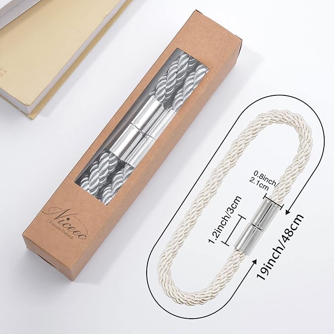 NICEEC 6 Pack Strong Magnetic Curtain Tiebacks Modern Simple Style Drape Tie Backs Convenient Decorative Weave Rope Curtain Holdbacks for Thin or Thick Home & Office Window Draperies (Cream)