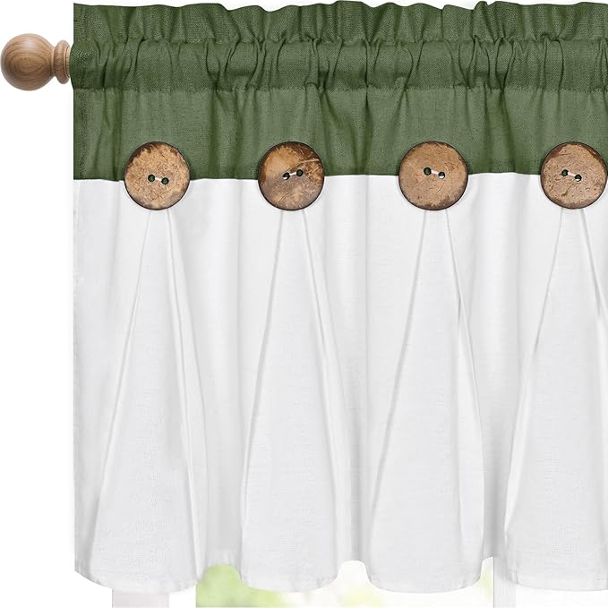 FRAMICS Farmhouse Valance Curtains, Boho Cotton Linen Kitchen Valance, Rustic Button Window Valances for Kitchen Bathroom, Rod Pocket Valances for Windows, Olive Green and White, 52 x 18 Inch