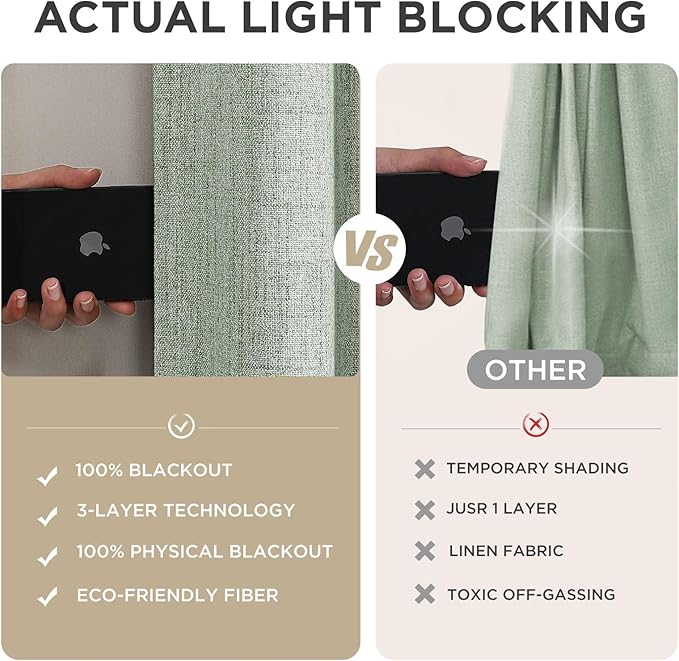 Joydeco Blackout Curtains for Bedroom - 100% Light Blocking 2 Panels Sage Green Drapes 37"W x 108"L, Thermal Insulated Room Darkening Curtains, Linen Textured for Living Room, Rod Pocket & Back Tabs