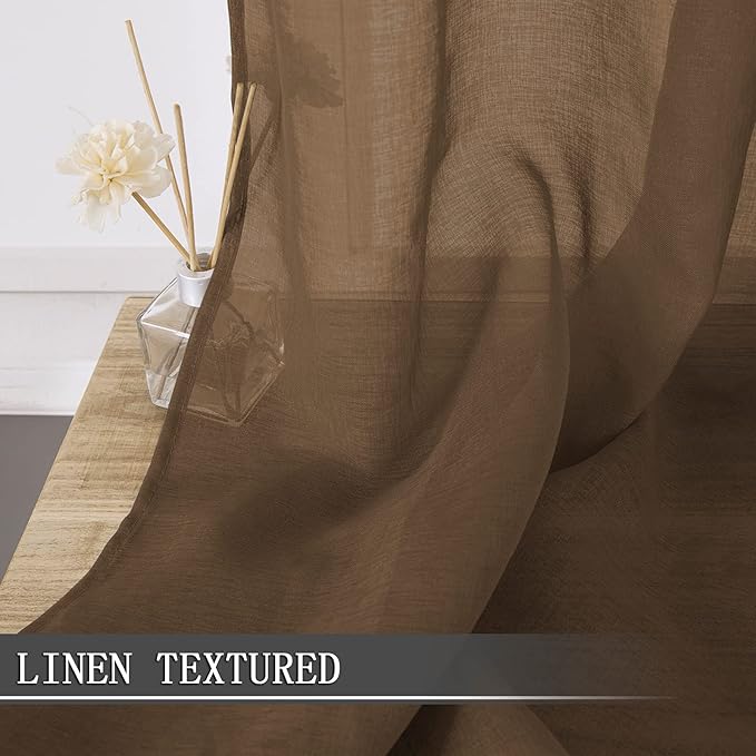 Tollpiz Short Sheer Curtains Living Room Linen Textured Curtain Sheers Light Filtering Voile Rod Pocket Curtains for Bedroom, 38 x 45 inches Long, Brown, Set of 2 Panels