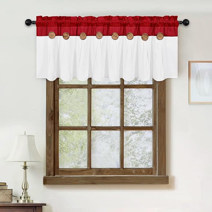 FRAMICS Farmhouse Valance Curtains, Boho Cotton Linen Kitchen Valance, Red Rustic Button Window Valances for Kitchen Bathroom, Country Rod Pocket Valances for Windows, Red and White, 52 x 18 Inch