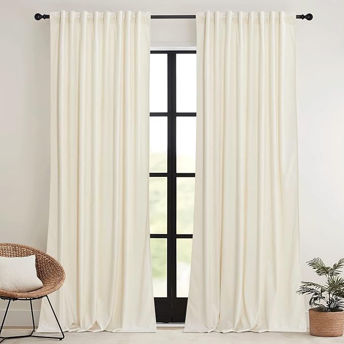 RYB HOME Ivory White Velvet Curtains 102 inches with Hook Belt, Soft Fabric Room Darkening Thermal Insulated Luxurious Home Decor Curtains for Living Room Bedroom, W 52" x L 102", 2 Panels Set