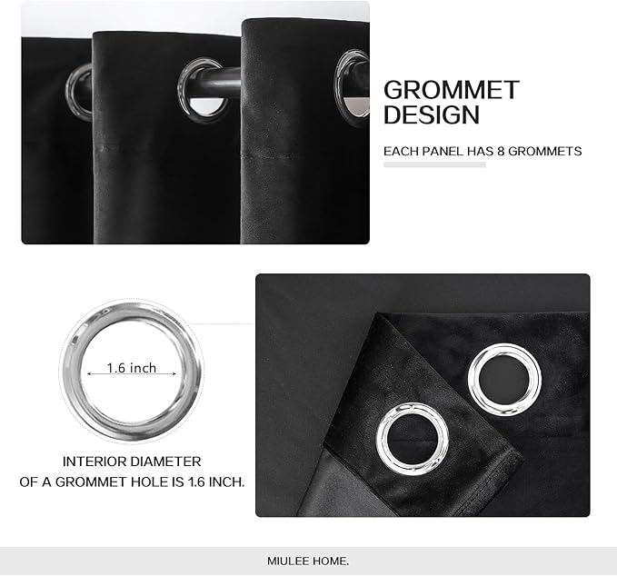 MIULEE Black Velvet Curtains 90 Inches Long Halloween Room Darkening Thermal Insulating Blackout Curtains with Grommet Top for Bedroom/Living Room Light Blocking Soundproof Set of 2