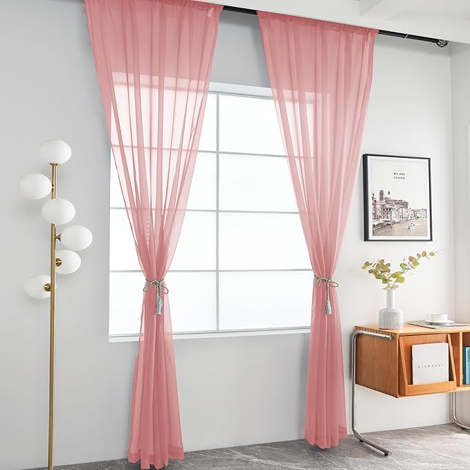 youleyar Solid Sheer Rod Pocket Curtain Voile Draperies 2 Panels White Beige Black Grey Coffee 52 Inch Width 90 Inch Long 1 Pair for Kitchen Bedroom Children Living Room Yard (Blush,52Wｘ90L)