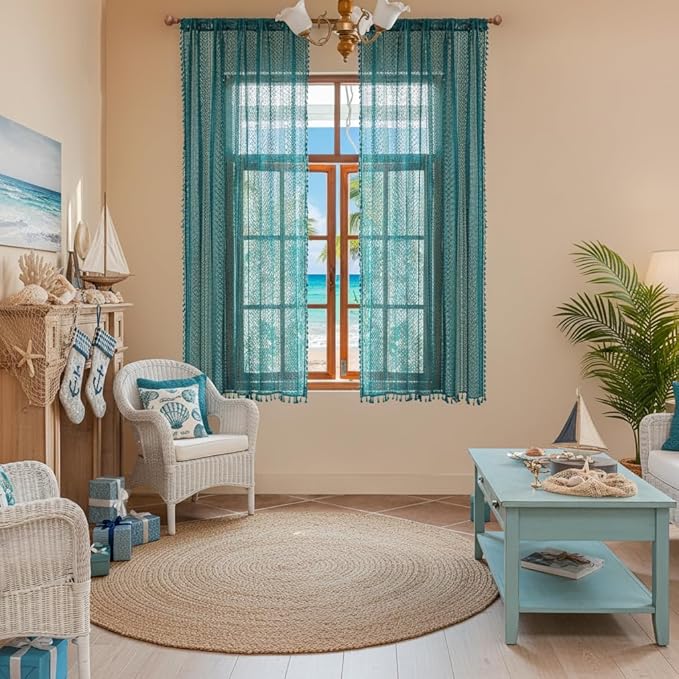 WAZZIO Boho Lace Curtains 63 Inches 2 Panel,Light Filtering Privacy Tassel & Geometry Crochet Semi Sheer Curtain Drapes for Bedroom Living Dining Room,Rod Pocket & Tassel,Coastal Style,Teal
