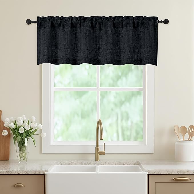 Black Valances for Windows, Light Filtering Faux Linen Textured Small Short Valance Curtains for Bathroom Basement Farmhouse, Rod Pocket Top Half Curtains for Windows, 60Wx16L Inch