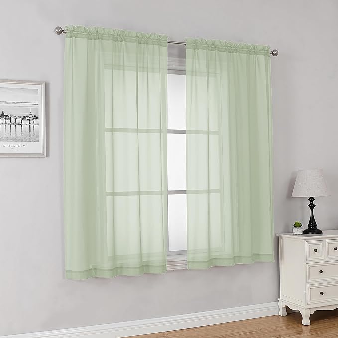 Lecloud Light Green Sheer Curtains 63 Inch Length 2 Panels Set, Elegant Voile Curtains for Bedroom Living Room, Airy Sheer Drapes for Dinning Room with Rod Pocket, Each Panel 42 X 63 Inch