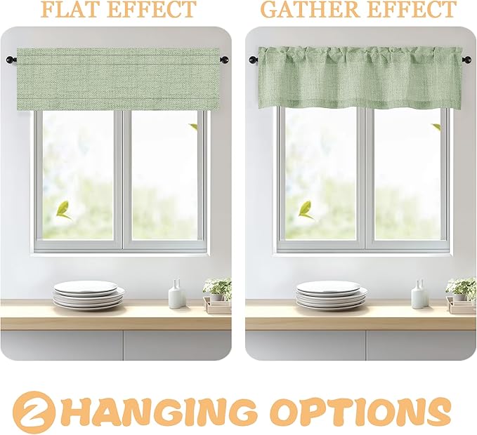 OWENIE Light Green Valances for Windows 1 Pcs, Light Filtering Textured Farmhouse Short Small Valance Curtains for Bathroom Basement Living Room Bedroom, Rod Pocket Half Curtains Over Sink, 52"Wx14"L