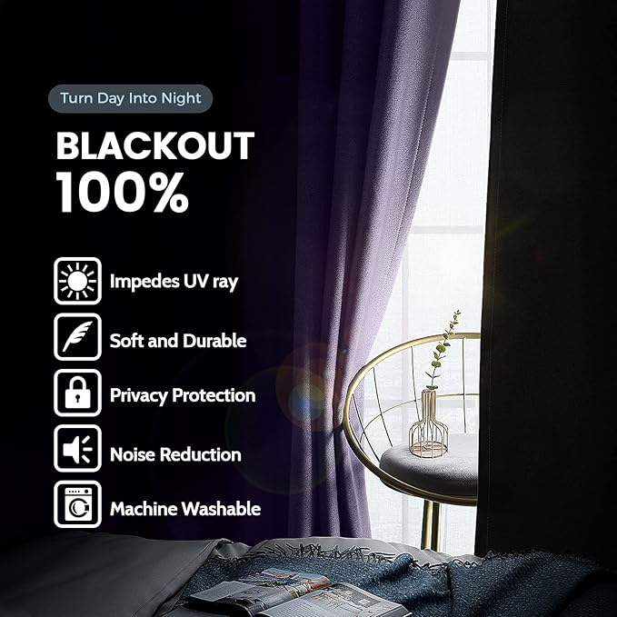SimpleHome 100% Blackout Curtains for Bedroom,Thermal Insulated Grommet Window Drapes Room Darkening Lilac Curtains for Living Room with Black Back,52 x 63 Inch,2 Panels