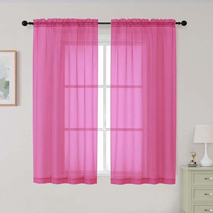 Hot Pink Sheer Curtains for Bedroom Living Room 54 Inch Length 2 Panels Set, Solid Soft Airy Light Filtering Window Treatments, Modern Rod Pocket Drapes, Hot Pink, 42" Wx54 L Inches