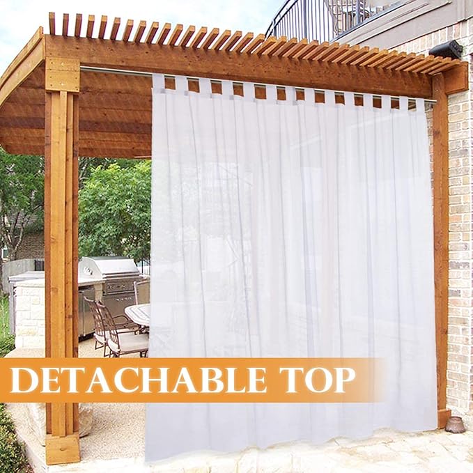 RYB HOME Detachable Sheer Outdoor Curtains White Privacy Sheer Drapes Extra Long Panel for Cabana Patio Door Window Corridoe Sun Room Pool Hut Canopy Deck, 1 Rope, 100 inch Width x 120 inch Length
