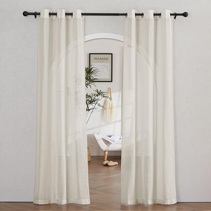 NICETOWN Natural Linen Curtains for Farmhouse 84 inch Length, Grommet Privacy Semi Sheer Linen Burlap Drapes with Light Penetration for Bedroom/Living Room, 72" Wide Total 2 Panels