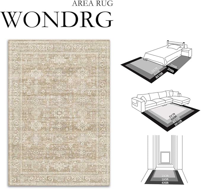 8x10 Washable Area Rug for Living Room Bedroom Vintage Beige Non Slip Carpet Traditional Retro Soft Low Pile Large Throw Rug for Dining Room Kitchen Office Indoor