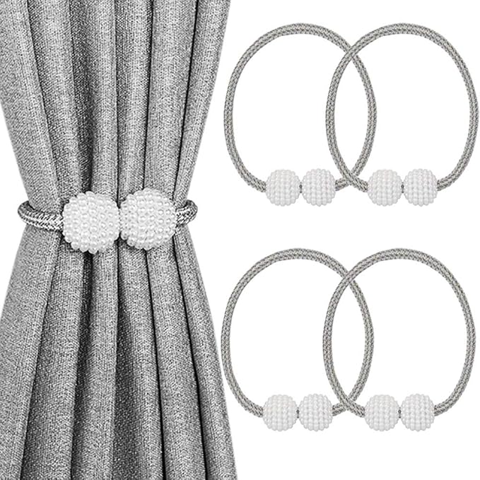Melaluxe 4 Pack Magnetic Curtain Tiebacks, Decorative Curtain Holdbacks for Window Décor (Grey)
