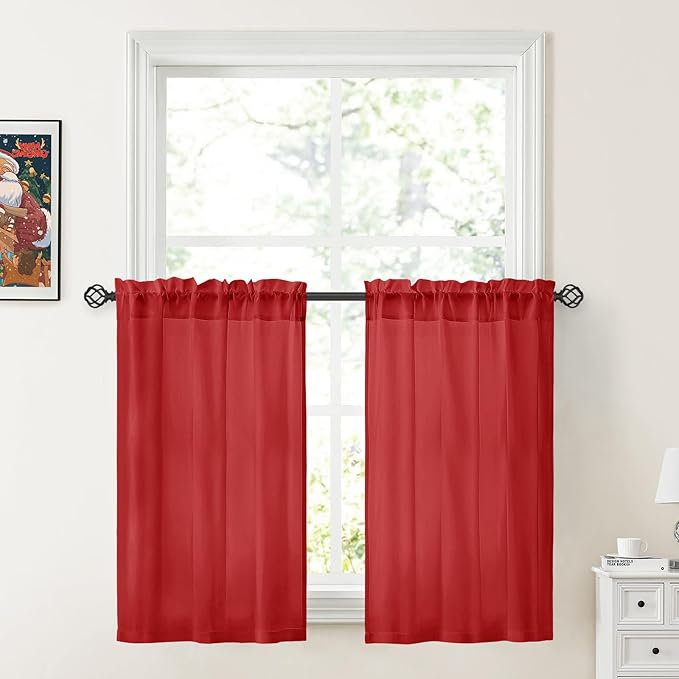 HOMEIDEAS Christmas Non-See-Through Red Privacy Sheer Kitchen Curtains, 30 X 36 Inches Long 2 Panels Short Sheer Curtains Light Filtering Bathroom Window Drapes for Bedroom Living Room