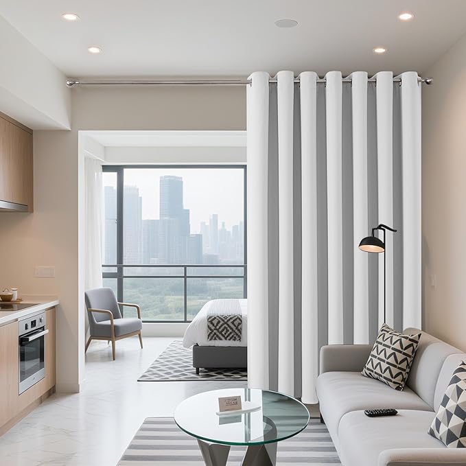 Joydeco Blackout Patio Sliding Door Curtains 84 Inches Long, Grommet Privacy Room Divider Curtains, Extra Wide Thermal Blackout Drapes for Bedroom Living Room (Greyish White, 60Wx84L, 1 Panel)