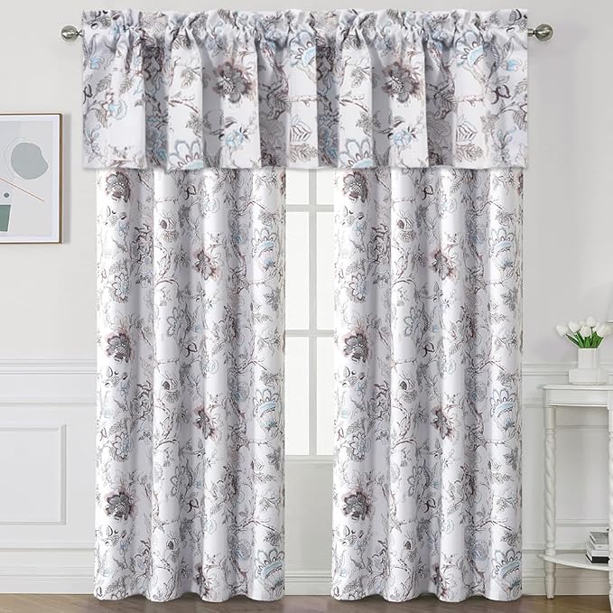 H.VERSAILTEX Blackout Curtain Valances for Kitchen Window/Living Room/Bathroom Privacy Added Rod Pocket Home Decoration Winow Valance, 52" W x 18" L, Floral in Brown and Soft Teal