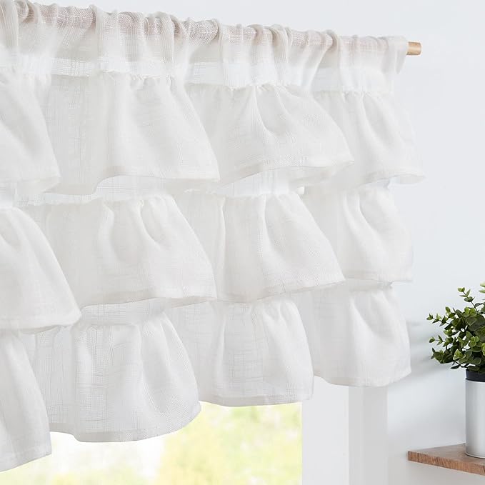 jinchan Ruffled Valance Curtain Slubbed Crossed Kitchen Valance Vintage Shabbychic Style for Living Room Small Windows 18 Inch Cottagecore Farmhouse Half Window Rod Pocket 1 Panel White