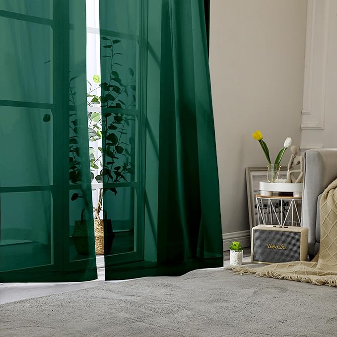Lecloud Hunter Green Sheer Curtains 96 Inches Long 2 Panels, Airy Voile Solid Curtains, Gauzy Stylish Aesthetic Windows Decor Drapes with Rod Pocket for Bedroom Living Room, Each 42" W x 96" L