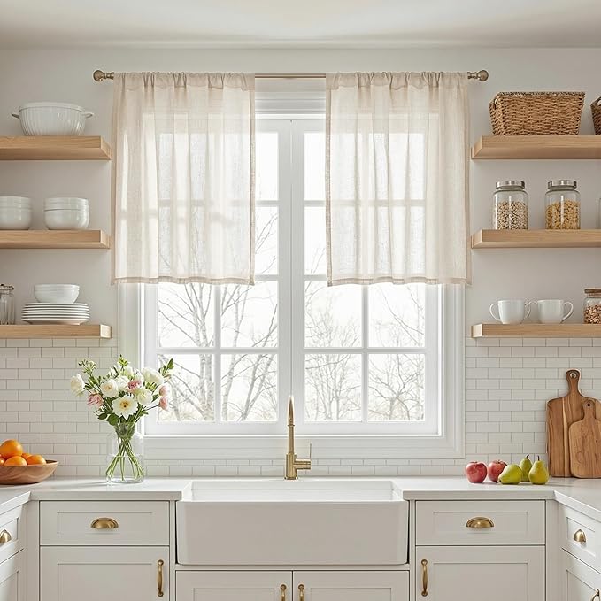MYSKY HOME Natural Linen Curtains 30 Inches Long for Kitchen Window Semi Sheer Light Filtering Cafe Curtain Tiers Rod Pocket Short Country Decor Drapes for Basement/Small Window, 2 Panels, 34 x 30 in