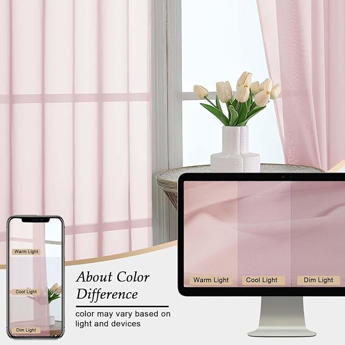 Blush Sheer Curtains 84 Inches Long 2 Panels Set for Bedroom Living Room, Soft Airy Light Filtering Modern Solid Rod Pocket Drapes Window Treatments, Blush, Each 59" W x 84" L