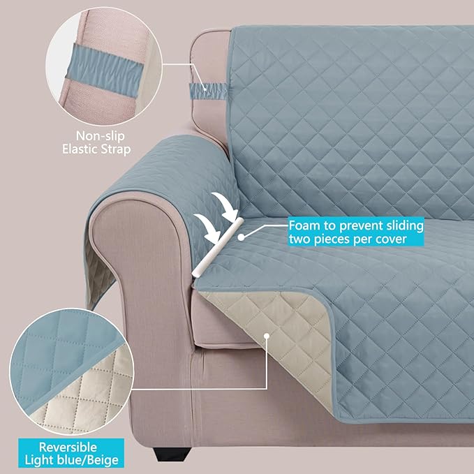 U-NICE HOME Loveseat Sofa Cover Reversible Couch Covers for 2 Cushion Couch for Dogs Furniture Protector Cover with Elastic Straps Water Resistant(Loveseat Small, Light Blue/Beige)