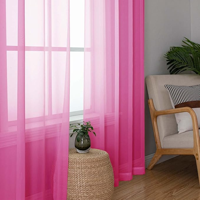 Lecloud Hot Pink Sheer Curtains 63 Inch Length 2 Pcs, Solid Voile Long Light Filtering Curtains for Living Room, Dual Rod Pocket Home Decor Drapes for Bedroom Dining Room, Each Panel 42" W x 63" L
