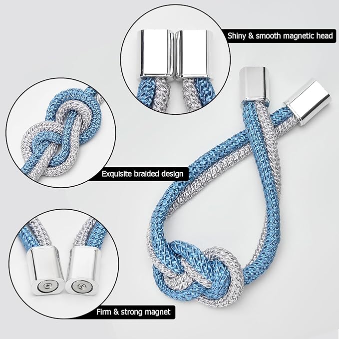 NICEEC 4 Pack Mini Magnetic Curtain Tiebacks Nordic Simple Style Drape Tie Backs Elegant Hand Weave Rope Knot Decorative Curtain Holdbacks for Home & Office Thin Window Drapery (Blue & Grey)