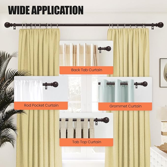 Curtain Rods for Windows 28 to 48 Inch, 2 Pack 5/8 Inch Heavy Duty Decorative Curtain Rod with Ball End Caps, Adjustable Brackets. Easy to install. Brown.