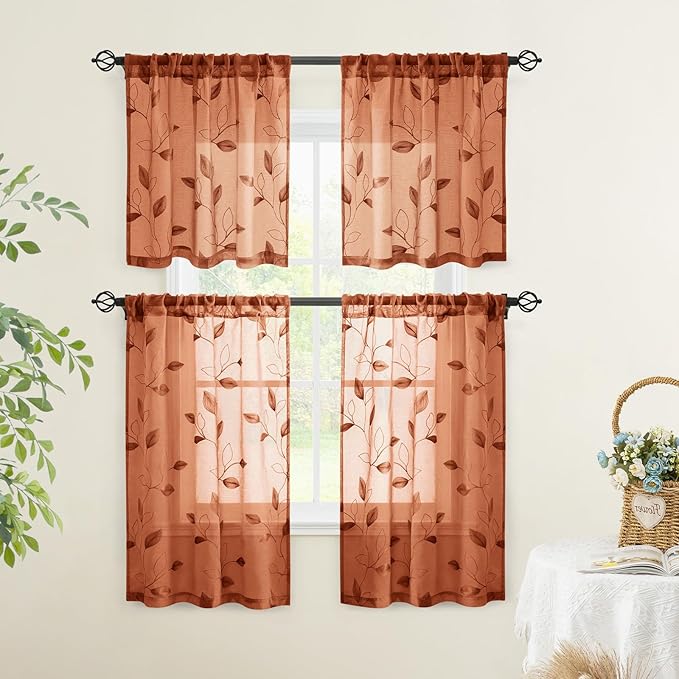 HOMEIDEAS Fall Burnt Orange Sheer Kitchen Curtains 30 X 24 Inch Length 2 Panels Embroidered Leaf Pattern Short Curtains for Small Window Valance Tiers