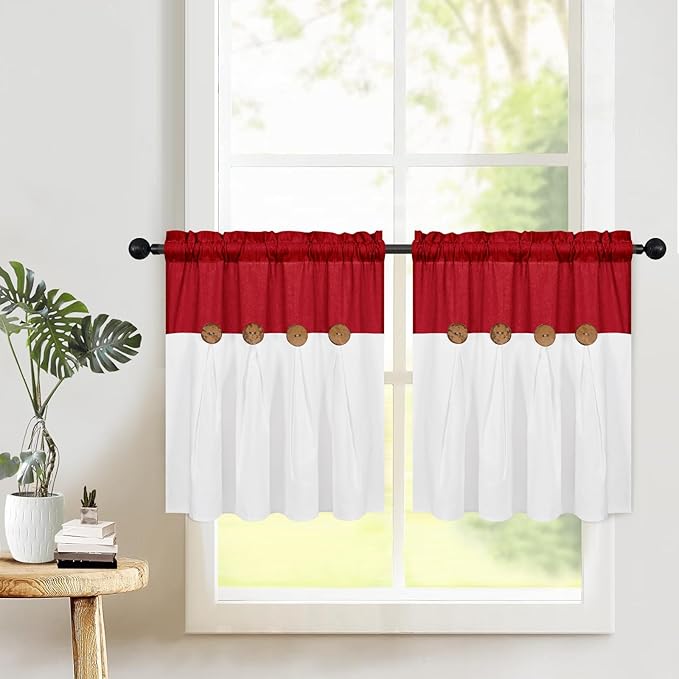 FRAMICS Farmhouse Kitchen Curtains 24 Inch Length, Rustic Cotton Linen Tier Curtain, Boho Button Short Curtains for Windows, Red Country Cafe Drapes, Rod Pocket, Red and White, 26x24