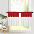 FRAMICS Farmhouse Kitchen Curtains 24 Inch Length, Rustic Cotton Linen Tier Curtain, Boho Button Short Curtains for Windows, Red Country Cafe Drapes, Rod Pocket, Red and White, 26x24