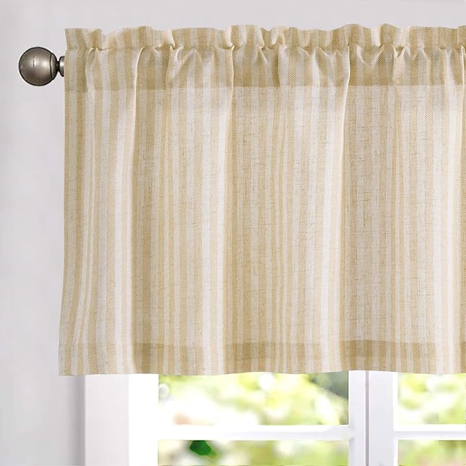 jinchan Valance Curtain Linen Textured Striped Window Curtain for Living Room Light Filtering Farmhouse Valance for Kitchen Rod Pocket 1 Panel 16 Inch Beige on Linen 1 Panel