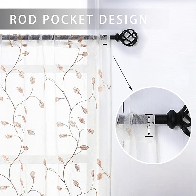 MRTREES Voile Sheer Curtain Valances, Leaves Embroidered Valance Curtains Rod Pocket, Small Sheer Window Curtain Treatment for Bedroom/Living Room/Kitchen/Basement(1 Panel, 54x16 Inches, Taupe Leaves)
