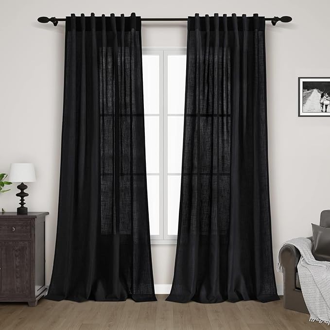 Nanspring Black Linen Blend Semi Sheer Curtains 86 Inches Long 2 Panel Set Pocket Back Tab Privacy Decorative Decor Curtain Drapes for Bedroom Living Room 52x86