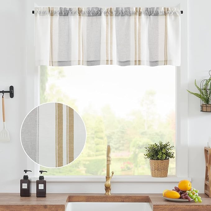 jinchan Striped Valance Farmhouse Window Treatment Linen Textured Drapes for Small Windows Kitchen Living Room RV Vintage Valance 16 Inch Rod Pocket 1 Panel Taupe and Grey