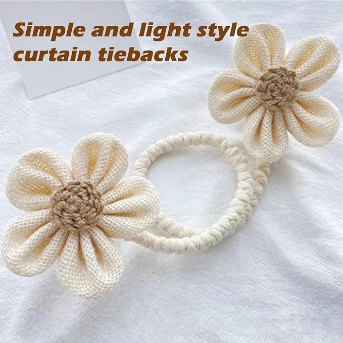 SRG Rope Curtain Tiebacks 2 Pack | Sunflower Curtain Tieback Boho | Simple Elegant DIY Curtain Holdbacks | Accessories Wall Decoration for Home Office（Cream）