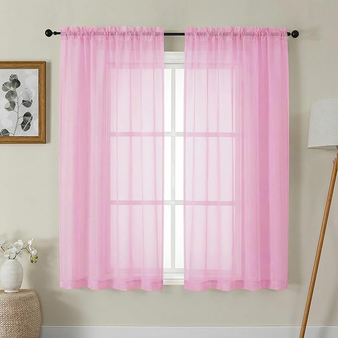 Gwine Sheer Curtains 63 Inch Length - Light Filtering Rod Pocket Window Curtain Panels for Bedroom, Elegant Soft Voile Living Room Sheer Drapes, Each 42Wx63L, 2 Panels, Pink