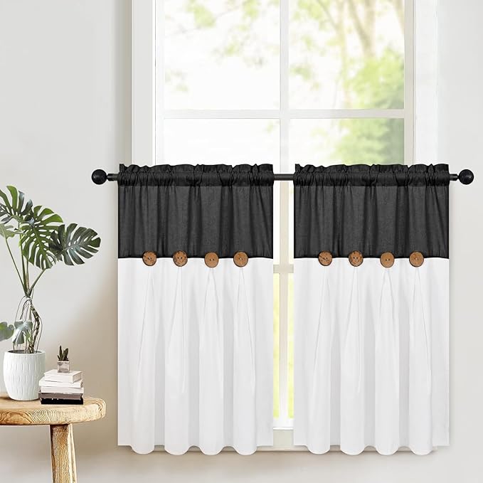 Boho Kitchen Curtains 36 Inch Length, Farmhouse Cotton Linen Tier Curtains, Rustic Button Short Curtains for Windows, Black Country Cafe Curtains, Rod Pocket Small Window Curtains for Kitchen, 26x36