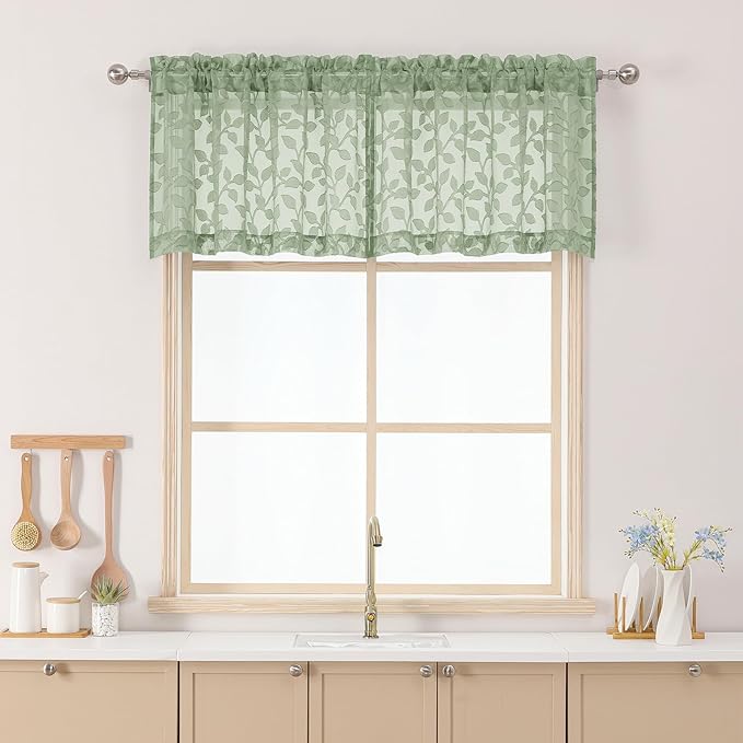 Chyhomenyc Sage Green Sheer Valances for Windows 18 Inch Length 2 Pcs, Light Filtering Leaf Textured Cafe Short Kitchen Curtains, Top Small Curtain for Living Room Bedroom Basement, 42" W x 18" L