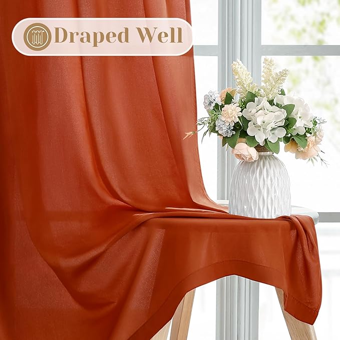 HOMEIDEAS Non-See-Through Fall Burnt Orange Privacy Sheer Kitchen Curtains, 30 X 36 Inches Long 2 Panels Short Sheer Curtains Light Filtering Bathroom Window Drapes for Bedroom Living Room