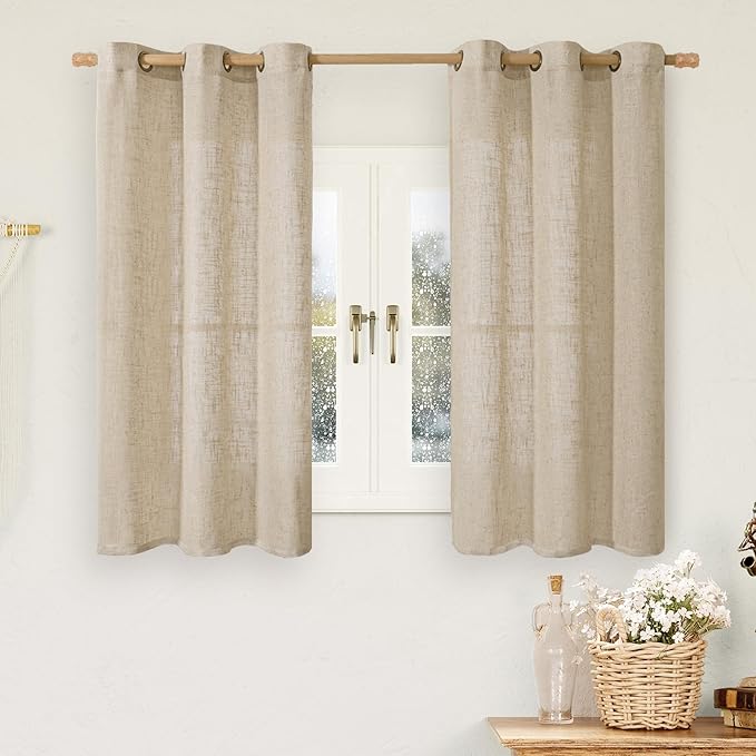 LAMIT 54 Inch Brown Linen Curtains for Small Windows 2 Panels Set, Light Filtering Semi Shher Panels Bronze Grommet Short Window Drapes for Kitchen/Bathroom/Bedroom, 34 x 54 Inch