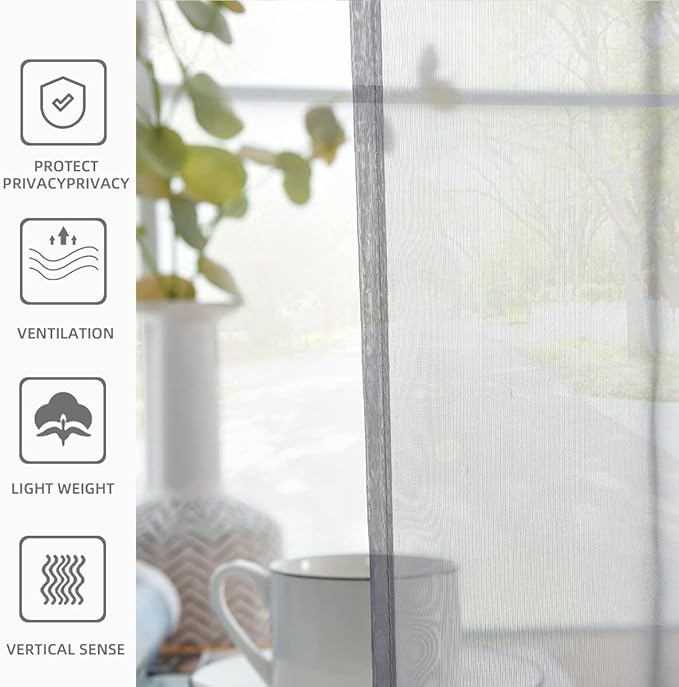 youleyar Solid Sheer Rod Pocket Curtain Voile Draperies 2 Panels White Beige Black Grey Coffee 38 Inch Width 54 Inch Long 1 Pair for Kitchen Bedroom Children Living Room Yard(Grey,38Wｘ54L)