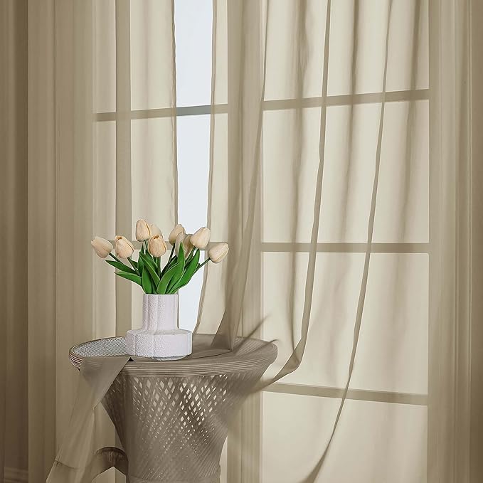 OWENIE Sheer Curtains 84 Inches Long 2 Panels Set, Sheer Taupe Curtains for Living Room Bedroom 59 Inch Extra Wide, Modern Voile Filmy Rod Pocket Drapes, 2 Pcs, Each 59 W x 84L, Taupe