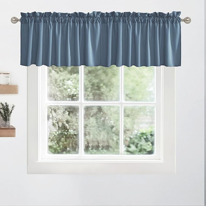 RYB HOME Kitchen Curtains Valances Faux Linen Blended Privacy Protect Shabby Chic Swag Curtain for Kitchen Living Room, Rod Pocket, Stone Blue, W 52 x L 18 inch, 2 Panels